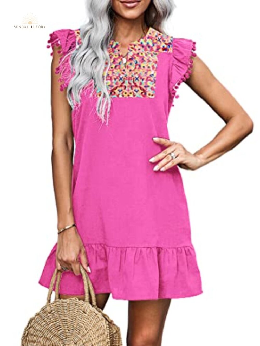 Boho Embroidered Mini Dress Sleeveless V-Neck Ruffled Shift Sundress